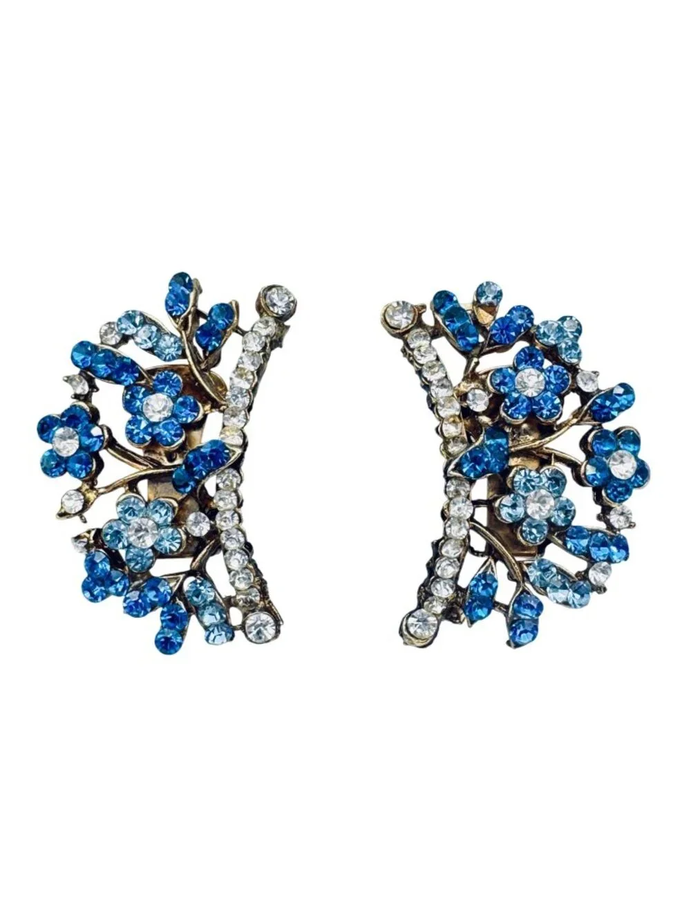 Vintage DeMario Blue Glass Floral Earrings Clip Climber Forget Me Not